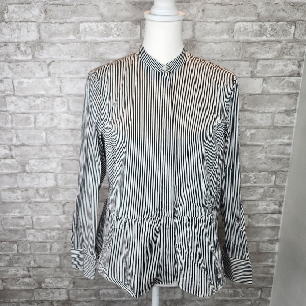 J.‎ Crew Blouse Striped Ruffle Bottom Band Collar Navy White Preppy Size 8